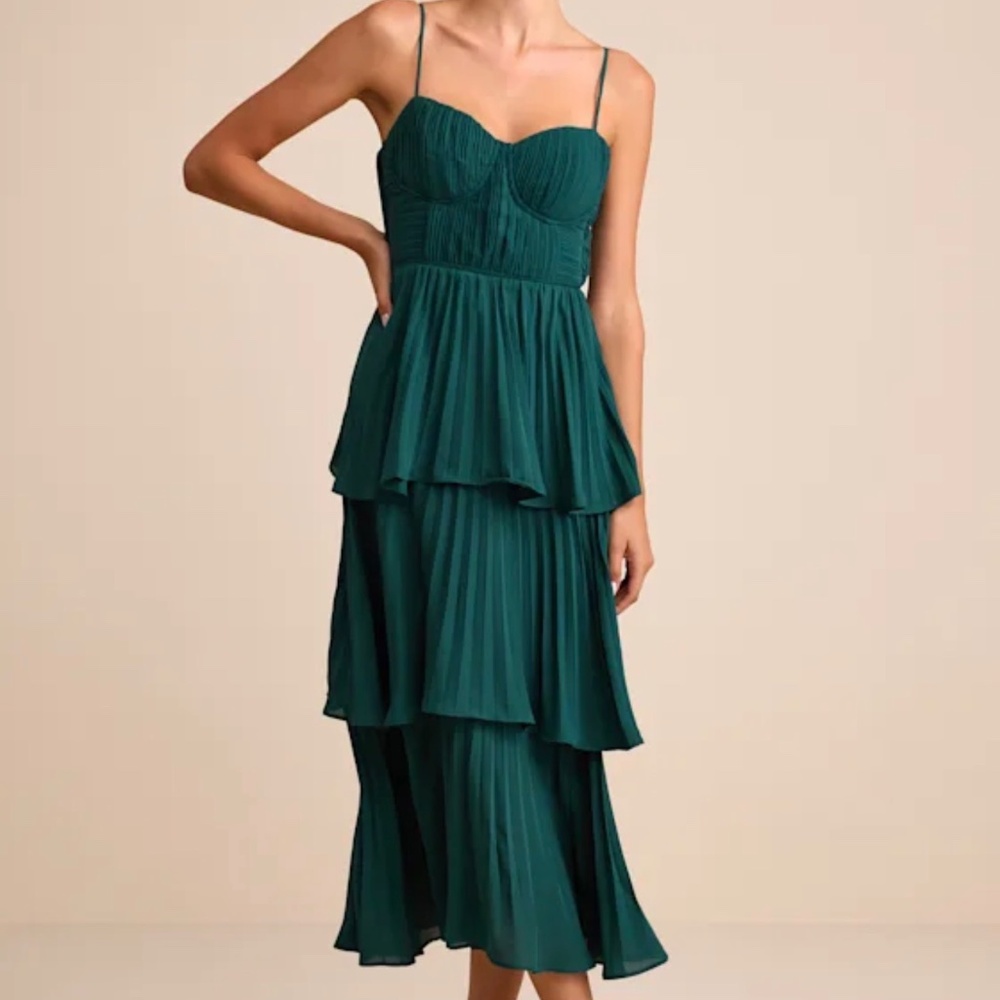 Lulu's Deep Teal Tiered Pleated Midi Dress